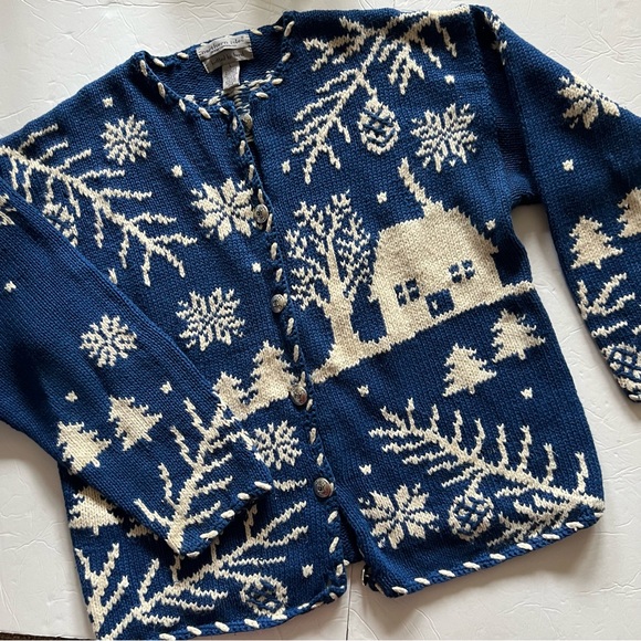 VTG Northern Isles Hand Knit Blue/White Winter Village Cardigan Sweater Large - Picture 5 of 14